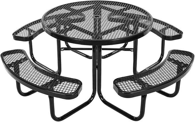 VEVOR Heavy-Duty Picnic Table, Outdoor Furniture Weather Resistant Patio Dining Set, Coated Steel Tables with Umbrella Hole, 46" Round Table and Bench Set, for Garden, Backyard, Porch (Black)