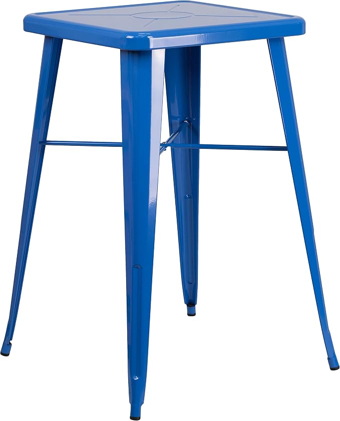 EMMA + OLIVER Commercial Grade 23.75SQ Blue Metal Indoor-Outdoor Bar Table Set-2 Stools-Backs