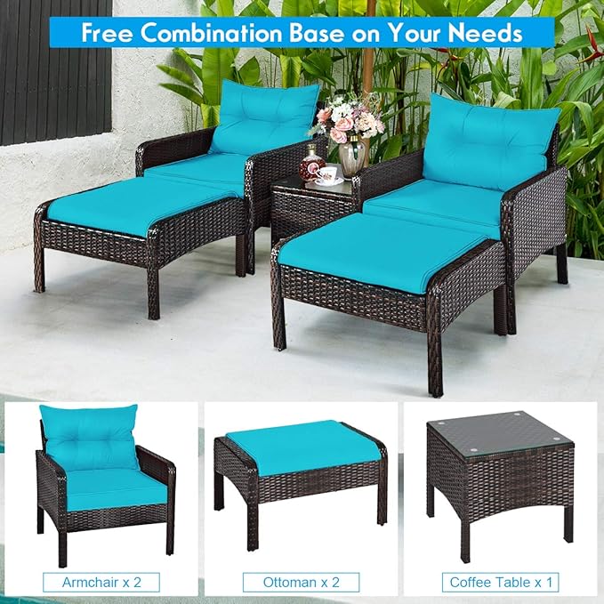 Tangkula 5 Pieces Wicker Patio Furniture Set, PE Rattan Outdoor All Weather Cushioned Sofas and Ottoman Set, 2-Person Outside Conversation Set for Lawn, Poolside, Yard, Balcony, Deck (Turquoise)