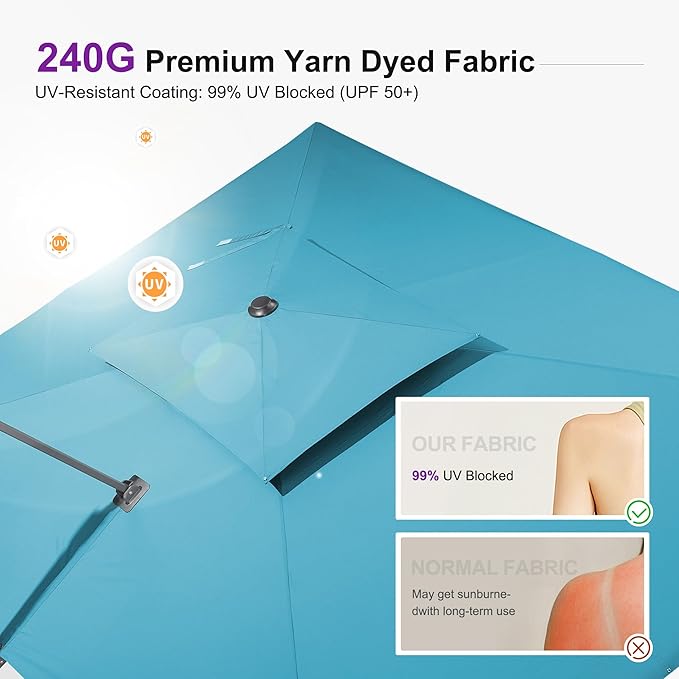 PURPLE LEAF 10' X 13' Cantilever Umbrella with Base Included Patio Outdoor Rectangle Umbrella Large Deck Umbrella Heavy Duty Market Sun Umbrella for Garden Backyard Pool Turquoise Blue