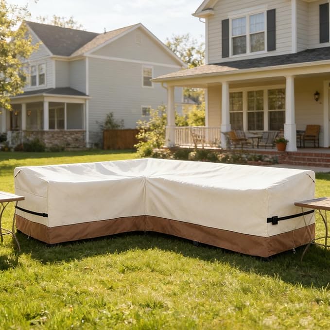 okcool Outdoor Sectional Sofa Cover Waterproof-L-Shaped Patio Furniture Covers for 6-Seater Outdoor Sectional Furniture Couch 85"(110''L) x 32''D x 31''H, Beige & Brown