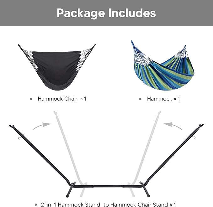 SUNCREAT 2-in-1 Convertible Swing Chair with Stand Included, Outdoor Hammocks for Outside, Patented, Green Strip
