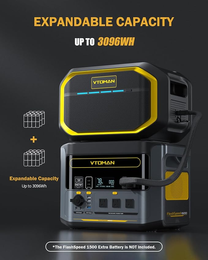 VTOMAN FlashSpeed 1500 Portable Power Station 1548Wh - Recharge 0-100% within 1H, LiFePO4 Battery Powered Solar Generator with 110V/1500W AC Output/Input, 100W USB Port for Camping, Emergency