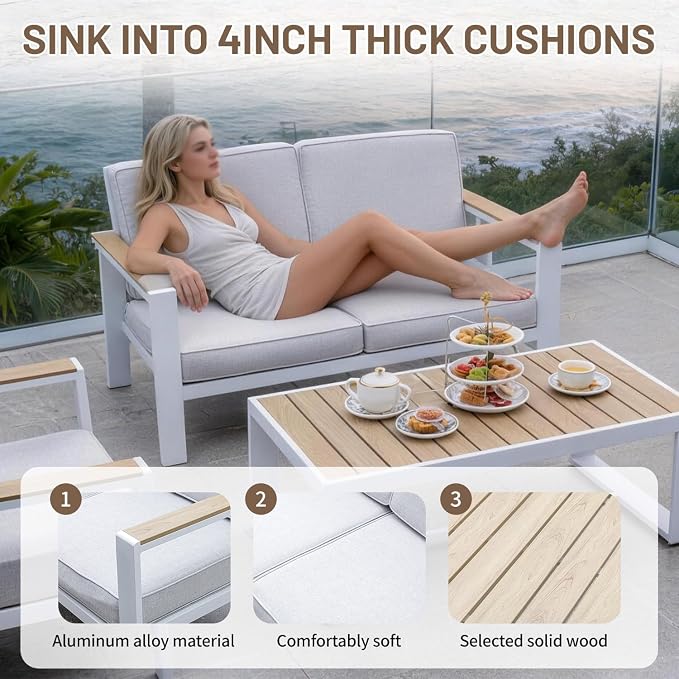 Aluminum Patio Furniture Set, Modern Metal Outdoor Conversation Sectional Sofa with Washable Thick Cushions, Coffee Table and Waterproof Cover (White, 1088-4seat)