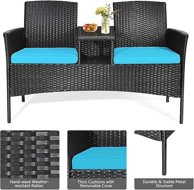 Outdoor Love Seat Set Patio Conversation Set with Cushion & Built-in Coffee Table, Outdoor Rattan Sofa Furniture Set for Garden, Lawn, Backyard (Turquoise)