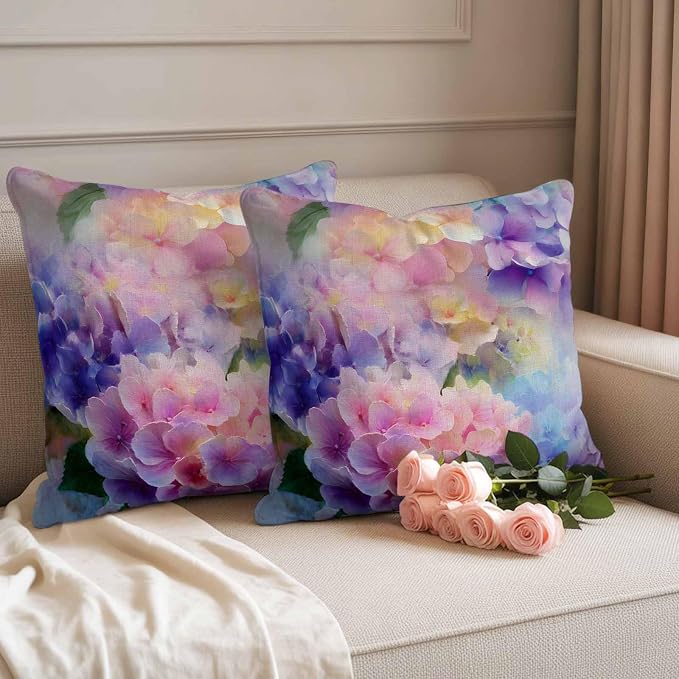 Pink Purple Floral Outdoor Pillow Cover 16x16 Inch Cushion Sham Case, Spring Hydrangea Flower Vintage Botanical Waterproof Decorative Square Throw Pillowcase for Outside Garden Patio Porch Couch Chair