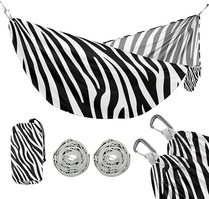 Zebra Print Camping Hammock, Portable Lightweight Single Hammock with Tree Straps and Aluminum Carabiners, 114" x 54" Travel Hammock for Hiking Backpacking Beach
