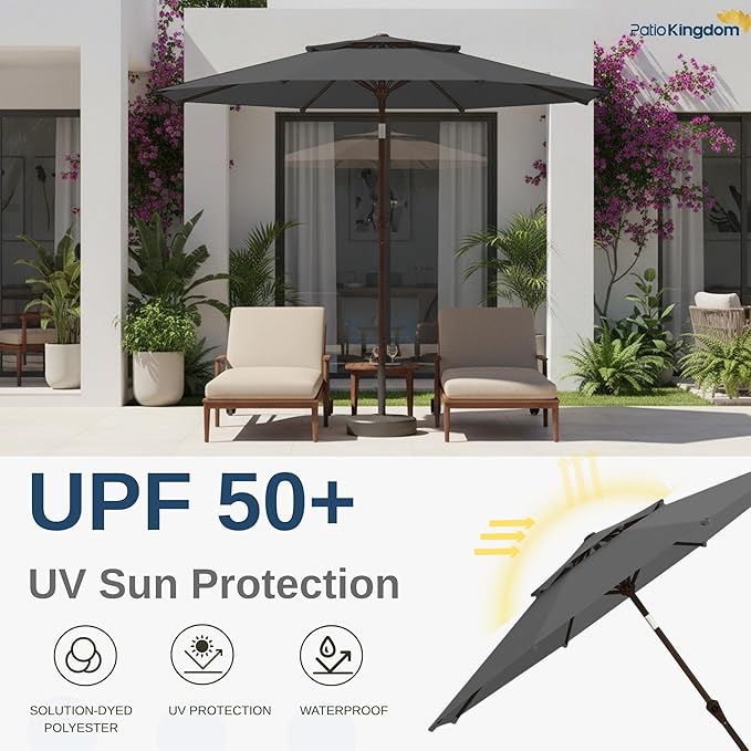 9FT Patio Umbrella 2-Tier Outdoor Market Table Umbrella with Push-Button Tilt & Crank | UPF 50+ & Waterproof for Backyard,Garden,Pool,Deck (Gray)