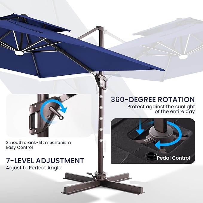 10x10 FT Cantilever Patio Umbrella with Led Lights Double Top Outdoor Square Large Heavy Duty Aluminum Offset Umbrellas with 7 Level Tilt 360-degree Rotation for Pool Garden Deck, Navy