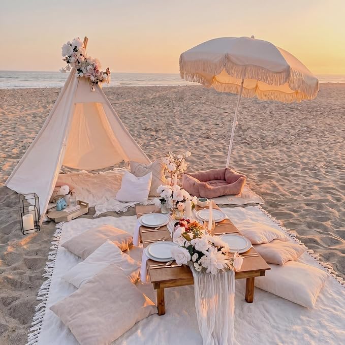 Boho Fringe Beach Umbrella with Extra Large Picnic Blanket Set, 6.5Ft UPF50+ Tassel Ruffles Umbrella 71"x 91" Picnic Blanket for Beach Wedding Bridal Shower Birthday Party Patio Lawn
