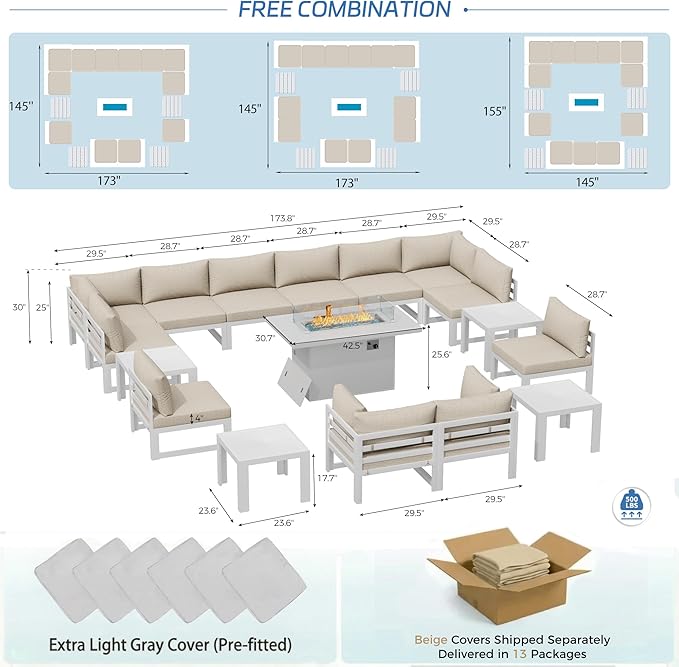 NICESOUL 17 Piece Oversized Modular Aluminum Outdoor Furniture Set with Fire Pit & Side Table, 29" Deep Wide Sectional Seating, 500 lbs High Weight Capacity Patio Conversation Set for Garden, Beige
