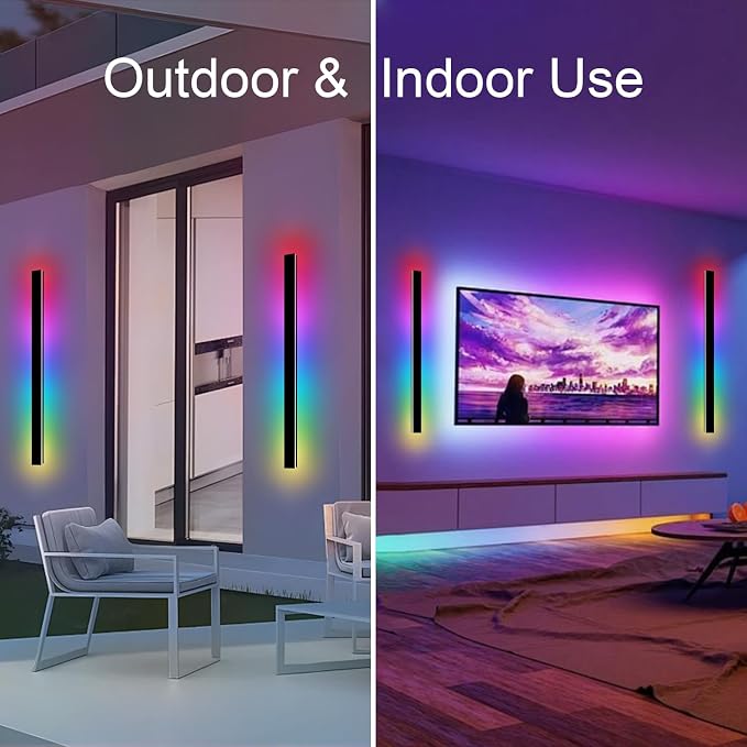 RGB Outdoor Wall Lights, Ip65 Waterproof Linear Led Modern Wall Sconce, 7 Colors and 358 Light Effects, Dimmable with Remote Modern Linear Exterior Light Fixture 47.25 inch (2 Pack)