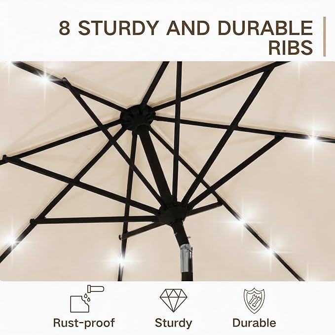Kingdura 9FT Outdoor Patio Umbrella with Solar Lights, Market Table Umbrella with Push Button Tilt & Crank, 8 Sturdy Ribs, 32 LED Lights, UV Protection for Garden Lawn Deck Backyard Pool (Beige)