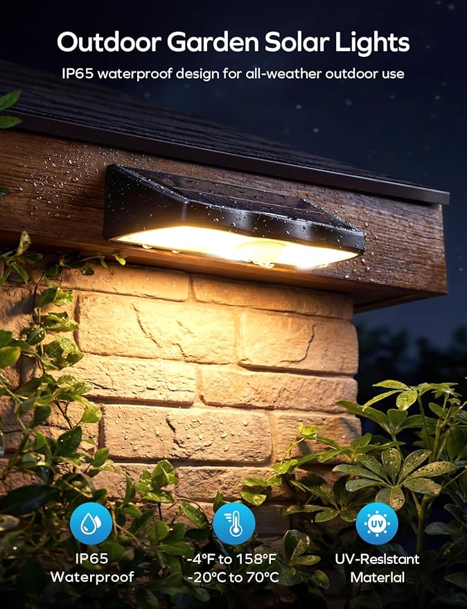 Solar Fence Lights Outdoor with Motion Sensor, 4 Pack Warm White Fence Lights Solar Powered 3 Modes IP65 Waterproof Dusk to Dawn Outdoor Lights for Patio Deck Wall Backyard Garden Decorative