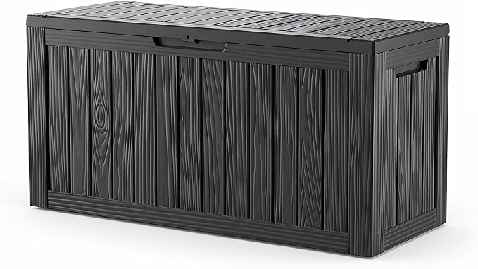 270 Gallon Extra Large Deck Box Outdoor, Resin Storage Box Outdoor Waterproof, Lockable Garden Storage Bench, Holds Patio Furniture, Pool Supplies & Equipment, Hydraulic Rod, UV-Proof, Black