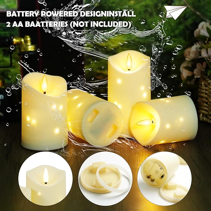 kakoya Outdoor Waterproof Flickering Flameless Candles with Embedded Star String,2Pcs LED Pillar Candles Battery Operated with Remote and Timers for Courtyard,Porch,Camping,Holiday Decoration(Ivory)