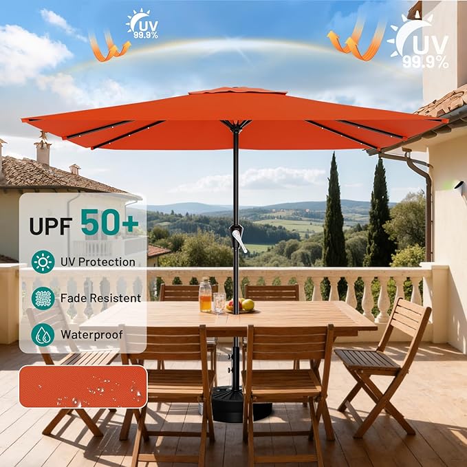 AreShark 8' X 10' Rectangular Patio Umbrella with Solar Lights, Lighted Solar Umbrella with Crank, Outdoor Table Umbrella for Garden, Deck, Backyard, Pool and Beach, Orange