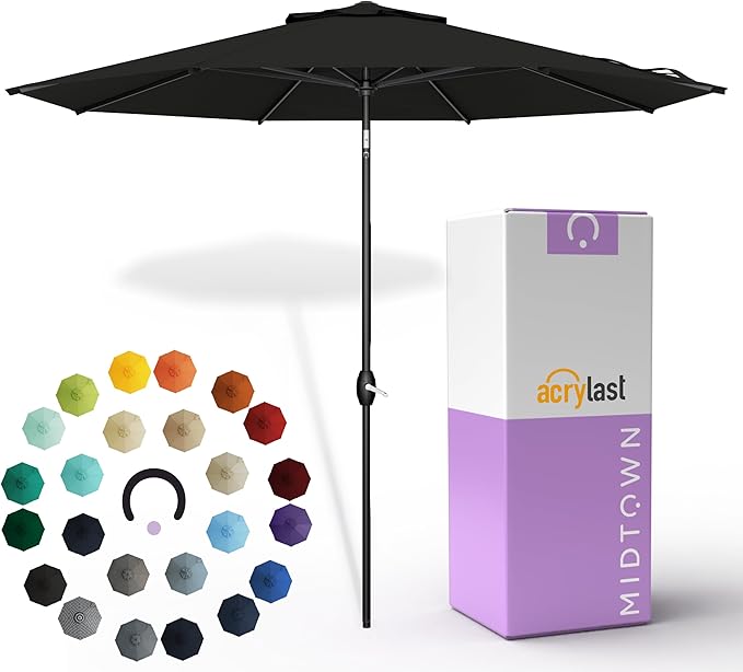 Midtown Umbrellas – The Lean 9 Ft Patio Umbrella with 10-Year-No-Fade Acrylast Acrylic Fabric, Auto-Tilt and 8 Reinforced Ribs for Deck, Pool, Garden, Hotel & Cafes – Eclipse Canopy, Black Pole
