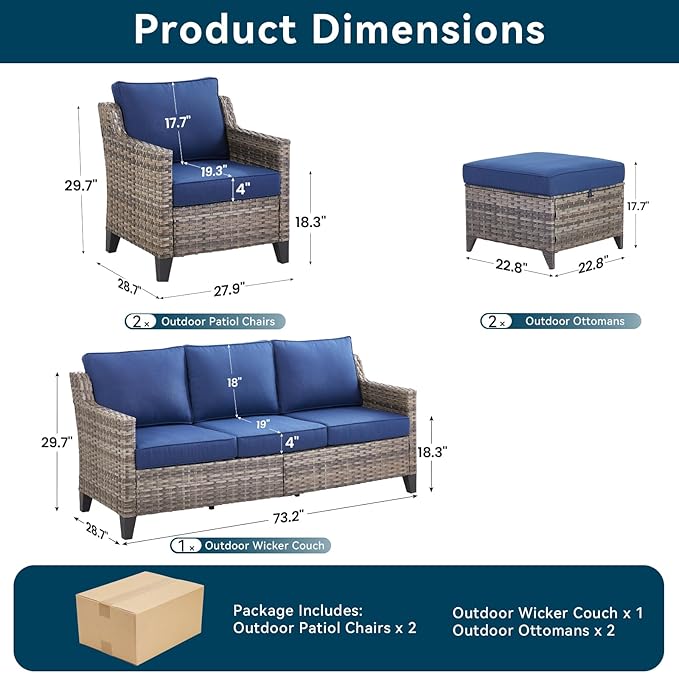 5 Pieces Outdoor Furniture-High Back Outdoor Wicker Couch Patio Chairs Set of 2 with Comfy Cushions Ottomans Patio Furniture Set for Backyard Porch Garden Deck Grey/Blue