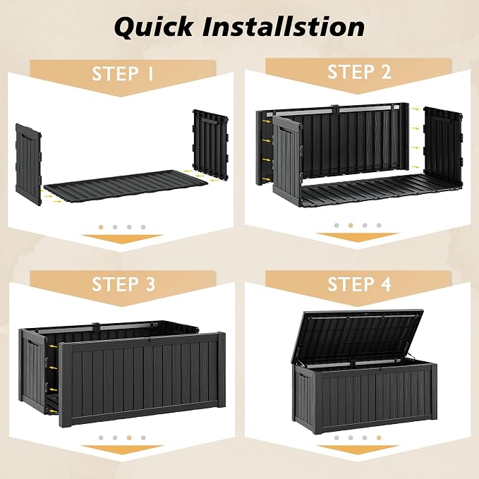 Fancyango 140 Gallon Outdoor Deck Box Waterproof, Large Storage Box for Patio, Resin Storage Bench Lockable for Garden Tools, Package Delivery, Black