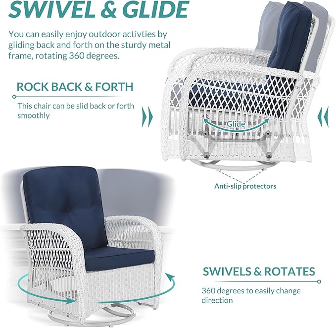 MEETWARM 3 Pieces Outdoor Wicker Swivel Rocker Patio Set, Rocking Chairs Rattan Patio Furniture Sets with Thickened Cushion and Glass-Top Coffee Table, Conversation Bistro Set, White Wicker/Navy