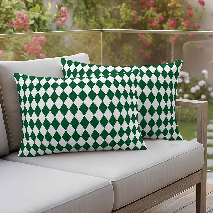 Modern Green White Diamond Outdoor Pillow Covers Set of 2,Decorative Waterproof Throw Pillow Case,Minimalist Geometric Plaid Cotton Linen Soft Cozy Cushion Pillowcases