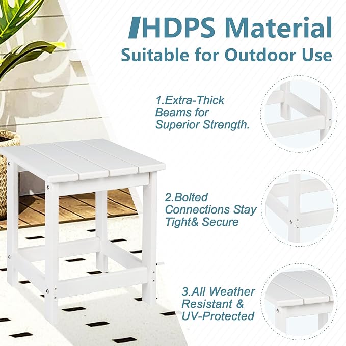 LZRS Adirondack Outdoor Side Table – Durable Weather-Resistant HDPE Patio End Table for Porch, Deck, Pool, Garden,Sturdy and Easy Assembly, White