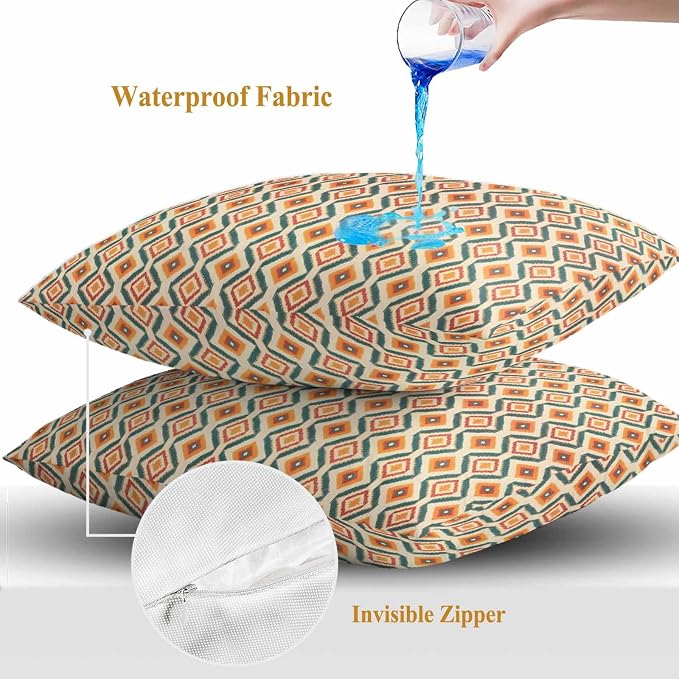 Throw Pillow Covers 24x24 Inch Set of 2, Orange Teal Geometric Waterproof Outdoor Pillow Covers, Southwest Ethnic Country Decorative Cushion Pillowcases for Couch, Sofa, Bed, Garden, Patio