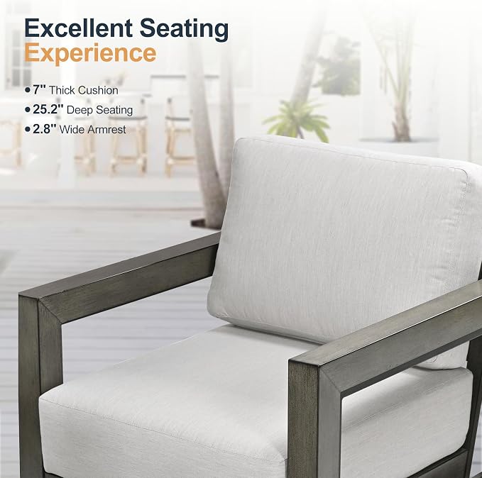 HAPPATIO Extra Large Size Patio Bistro Set, Aluminum Modern Patio Furniture Set Outdoor 3 Pieces with Side Table, 360 Degree Swivel Patio Conversation Set with 7" Thick Cushion for Outdoor, Grey
