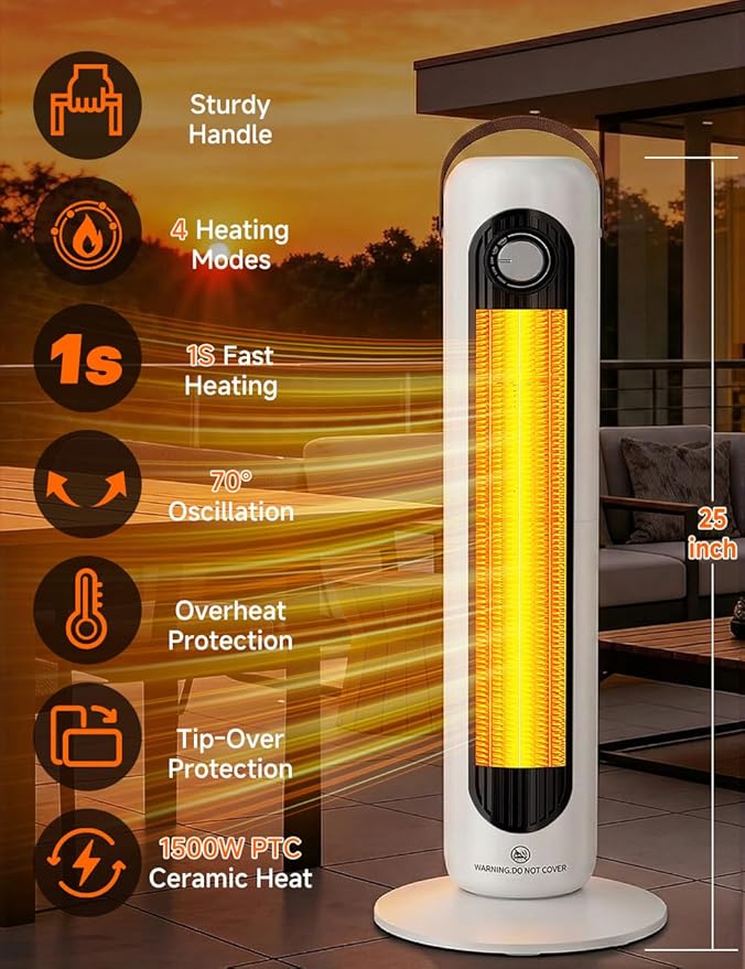 24" Space Heater with 4 Heat Modes, 70° Oscillation, Overheating & Tip-Over Protection Portable Electric Heaters for Indoor Use, 1500W PTC Ceramic Heaters for Large Room/Office/Bedroom