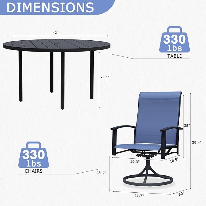 5 Piece Outdoor Patio Dining Set for 4, 42" Black Round Metal Table with 4 Blue Swivel Chairs, All-Weather Outdoor Furniture Set for Backyard, Lawn, Deck, or Poolside