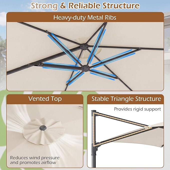 Tangkula 10FT Patio Umbrella, Offset Cantilever Outdoor Umbrella with 360 Degree Rotation, Air Vent, Cross Base for Pool Deck Garden Backyard (Beige)