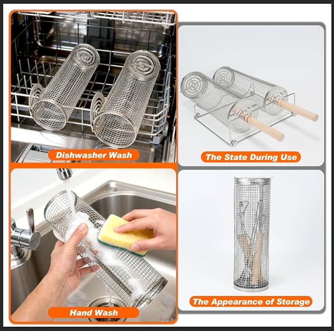 2PCS Rolling Grill Basket Grilling Accessories - Removable Wooden Handle, 304 Stainless Steel,Nesting Barbecue Tools,Smoker BBQ Accessories for Vagetable,Outdoor Cooking Camping,Picnic,Dinner Party,Gifts for Men Dad and Husband