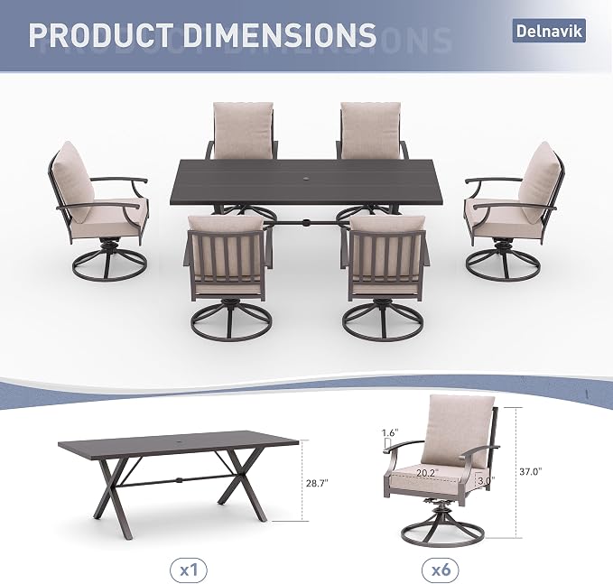Kurapika 7 Pieces Patio Dining Set Outdoor Furniture with 6 Swivel Chairs, Metal Patio Furniture Set 6 Chairs and Large Table with Umbrella Cutout for Yard Porch Deck, Sand