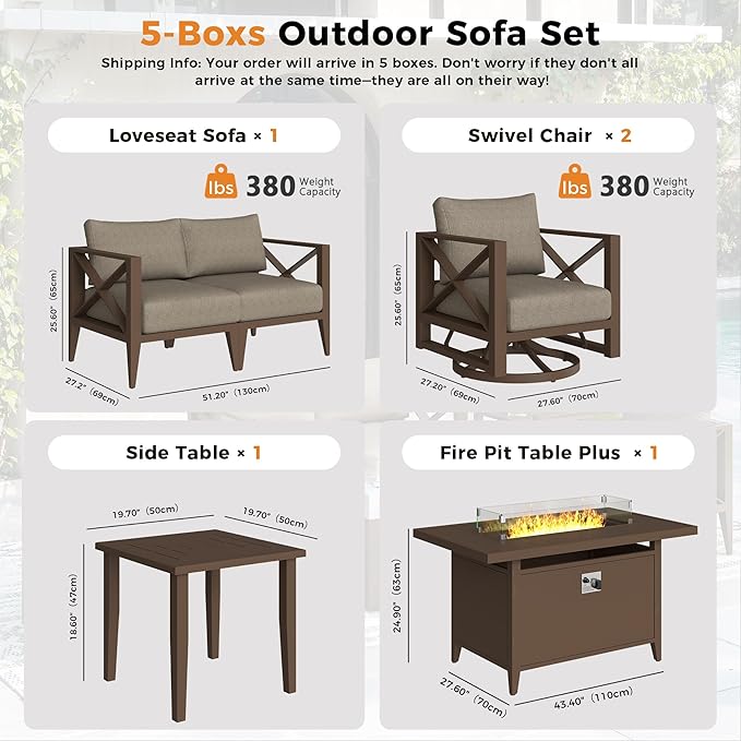 Aluminum 4-Seats Outdoor Patio Furniture Set with 43" Fire Pit Table, Sectional Conversation Sofa with 5.2" Thick Cushions & Swivel Rocking Chairs, Rust-Resistant Frame Sofa for Porch, Backyard, Brown