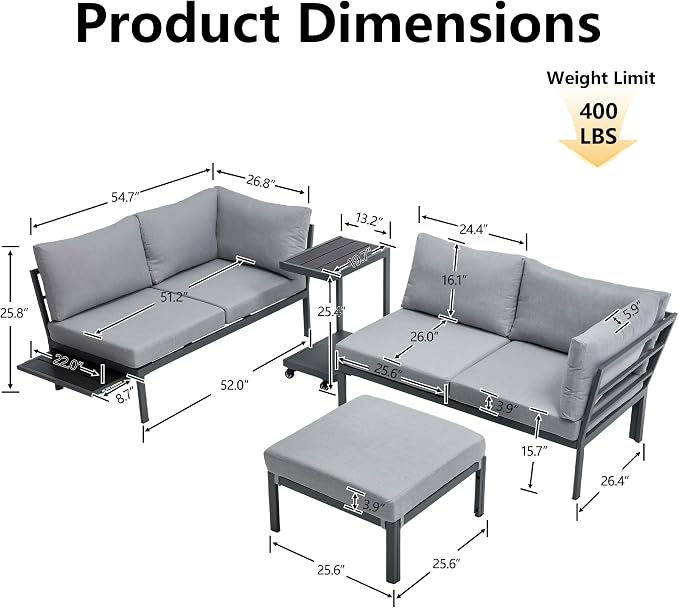 Patio Sectional Sofa Set for 4/5, All Weather Patio Furniture Set, Outdoor Patio Conversation Set with Cushions, Modular Patio Sofa Couch with Ottoman/Rolling Side Table for Fire Pit, Grey