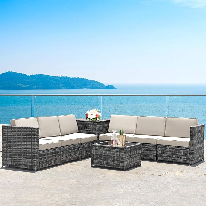 RELAX4LIFE 8-Piece Patio Furniture Set - PE Wicker Conversation Set w/Soft Cushions & Tempered Glass Storage Table, Outdoor Sectional Sofa Set for Garden, Poolside, Backyard (White)