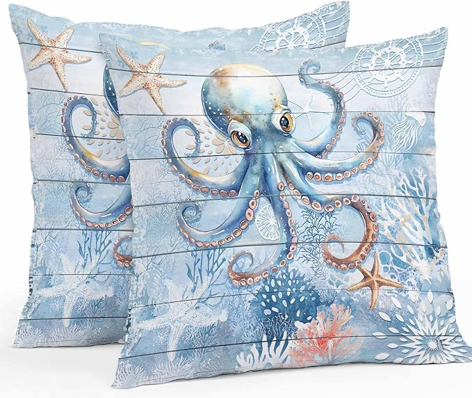 Coastal Octopus Waterproof Outdoor Pillow Covers Set of 2 Home Decor, Nautical Sea Starfish Coral Wooden Grain Pillowcase Patio Pillow Covers for Couch Bench Furniture Garden 24x24in