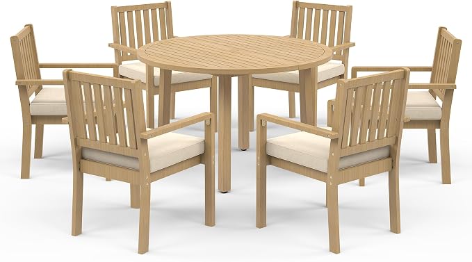 Wisteria Lane 7-Pieces Acacia Patio Table and Chairs Set for 6, Outdoor Dining Set with Table, Modern Patio Table Set with Cushion, Patio Furniture Set for Backyard Deck Garden Porch, Brown