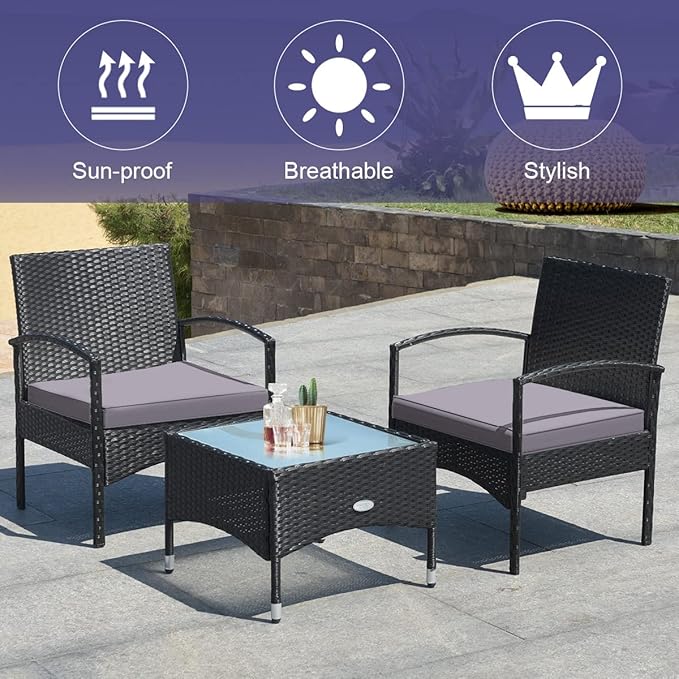 Tangkula 3 Pieces Patio Wicker Rattan Furniture Set, Rattan Chair with Coffee Table, High Load Bearing Chair Conversation Sets for Patio Garden Lawn Backyard Pool