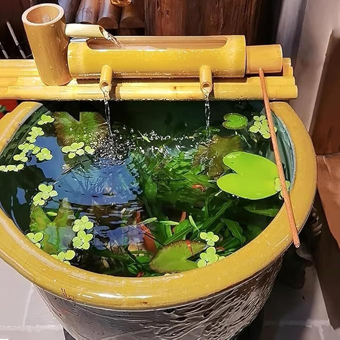 Solar Bamboo Fountain Kit, Handmade Zen Water Feature with Pump, Freestanding Japanese Garden Ornament, Flowing Water Circulation for Patio, Backyard, Pond, Lawn, Balcony