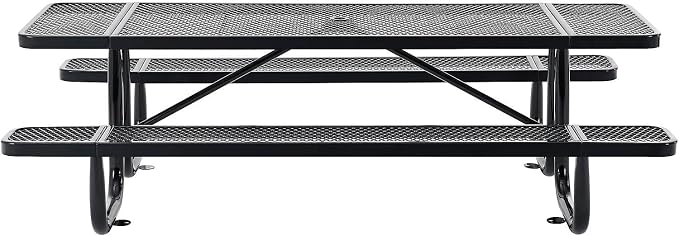 Global Industrial 8’L Rectangular Picnic Table, Expanded Metal, Black Thermoplastic Coating, Attached Benches, 1-1/2” Umbrella Pole Hole, Outdoor-Rated, 1000 lb Capacity, 96” x 30” Tabletop