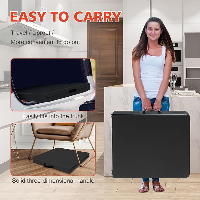 Portable 4Ft Folding Table, Heavy Duty Plastic Fold-in-Half Utility Foldable Table Small, Adjustable Height Plastic Folding Table with Carrying Handle for Camping & Party Indoor/Outdoor(Black)