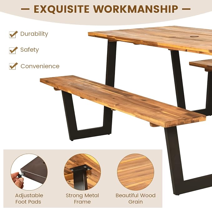 Tangkula Patented Wooden Picnic Table, Outdoor Acacia Wood Picnic Table with 2 Built-in Benches, Umbrella Hole, Steel Frame, Outside Table and Bench Set for Garden, Backyard, Porch, Patio