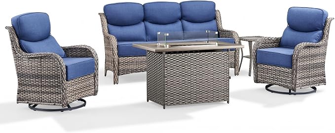 Luxury Patio Furniture Set with 6-inch Thick Cushion, Outdoor Furniture with Fire Pit Table, Swivel Chairs, Side Table, Sofa, 5pcs Wicker Conversation Set for Deck Yard Grey Wicker | Blue Cushion