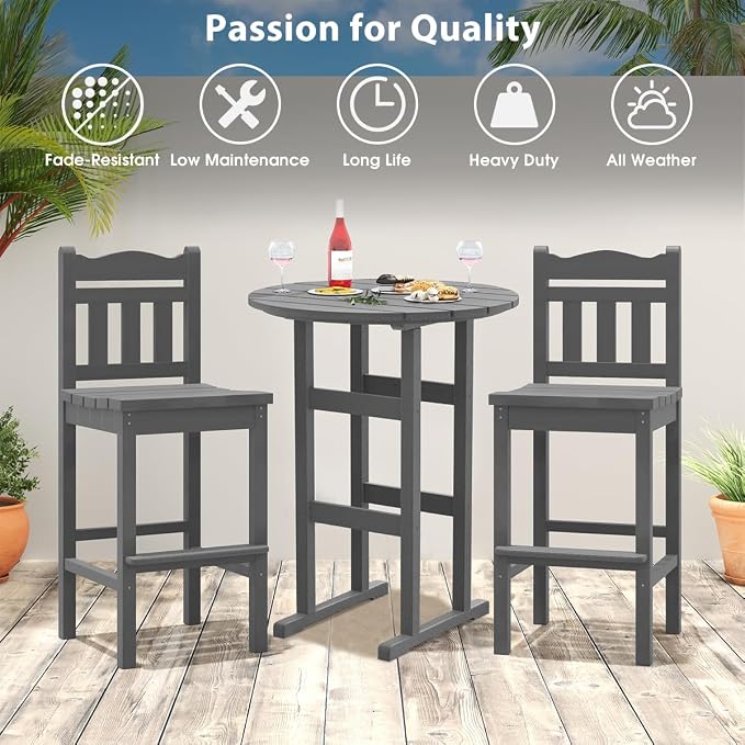 Sundale Outdoor Adirondack Round Bar Table, 39 Inch Height Patio Large Pub Table for 4, All Weather HDPE High Top Bistro Counter Tabl for Outside Deck Porch Balcony Poolside, Gray