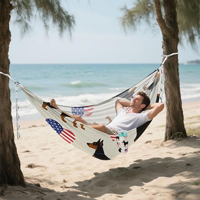 4th of July Independence Day Brown Doberman 330lb Capacity Outdoor Hammock Tree Hammock for Outside Patio Garden hamaca para Patio Exterior