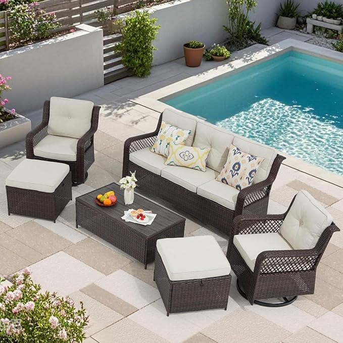 6 Pieces Wicker Patio Furniture Set Conversations Sets, 2 Outdoor 360° Swivel Chairs, Patio Swivel Chair with Table and Ottoman for Garden, Poolside, Backyard (Beige)