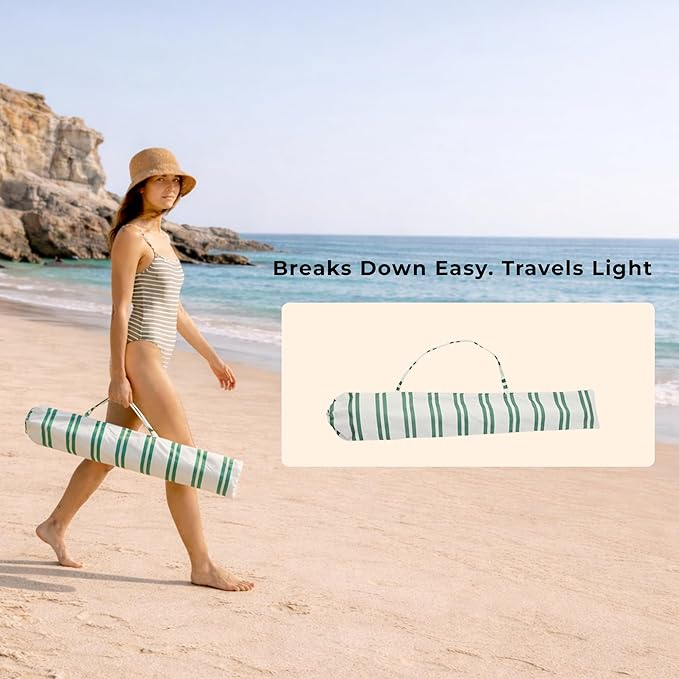 6FT Stripe Fringe Beach Umbrella for Sand with Sand Anchor, UPF 50+ Sun Shade with Tassels, Adjustable Tilt Pole, Portable Coastal Umbrella for Beach & Pool, Heritage Ocean Cypress Stripe