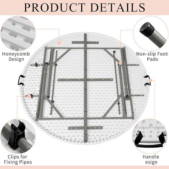 4 FT Round Folding Tables with Carrying Handle Lightweight Portable Plastic Commercial Table Steel Legs for Party, Dining, Wedding, Events, Picnic Indoor, Outdoor (White,1 Pack)